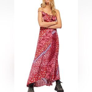 Free People Work Of Art Printed Maxi Slip | XS | Ruby Combo